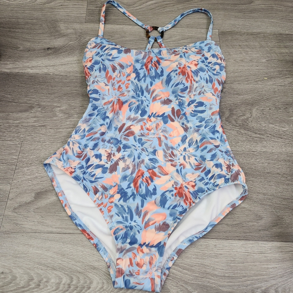 FREELY Blue Orange Swimsuit Size S Floral Ring Back One Piece Wild Flower Wired - Picture 3 of 16